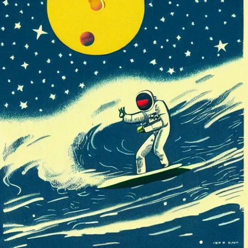 Image similar to astronaut surfing in space, stars as waves, Vintage Magazine Illustration