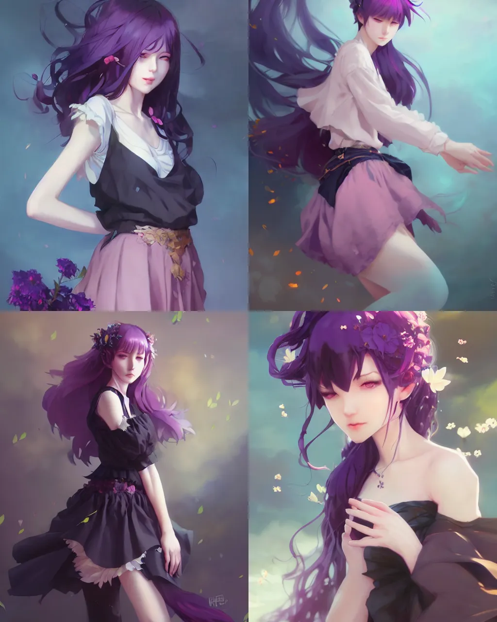 Image similar to girl with purple hair and black skirt, flower decoration on the background, a beautiful half body illustration, top lighting, perfect shadow, soft painting, art by hidari and krenz cushart and wenjun lin