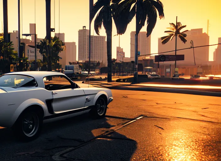 Image similar to still next - gen ps 5 game grand theft auto 6 2 0 2 4 remaster, graphics mods, rain, red sunset, people, rtx reflections, gta vi, miami, palms and miami buildings, photorealistic screenshot, unreal engine, 4 k, 5 0 mm bokeh, close - up ford mustang, gta vice city remastered, artstation