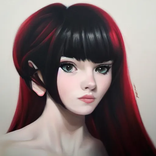 Image similar to a realistic illustration portrait of a beautiful cute girl with wavy black red hair, a pointy nose and, round chin black eyeliner, trending on artstation, hyper - realistic lighting