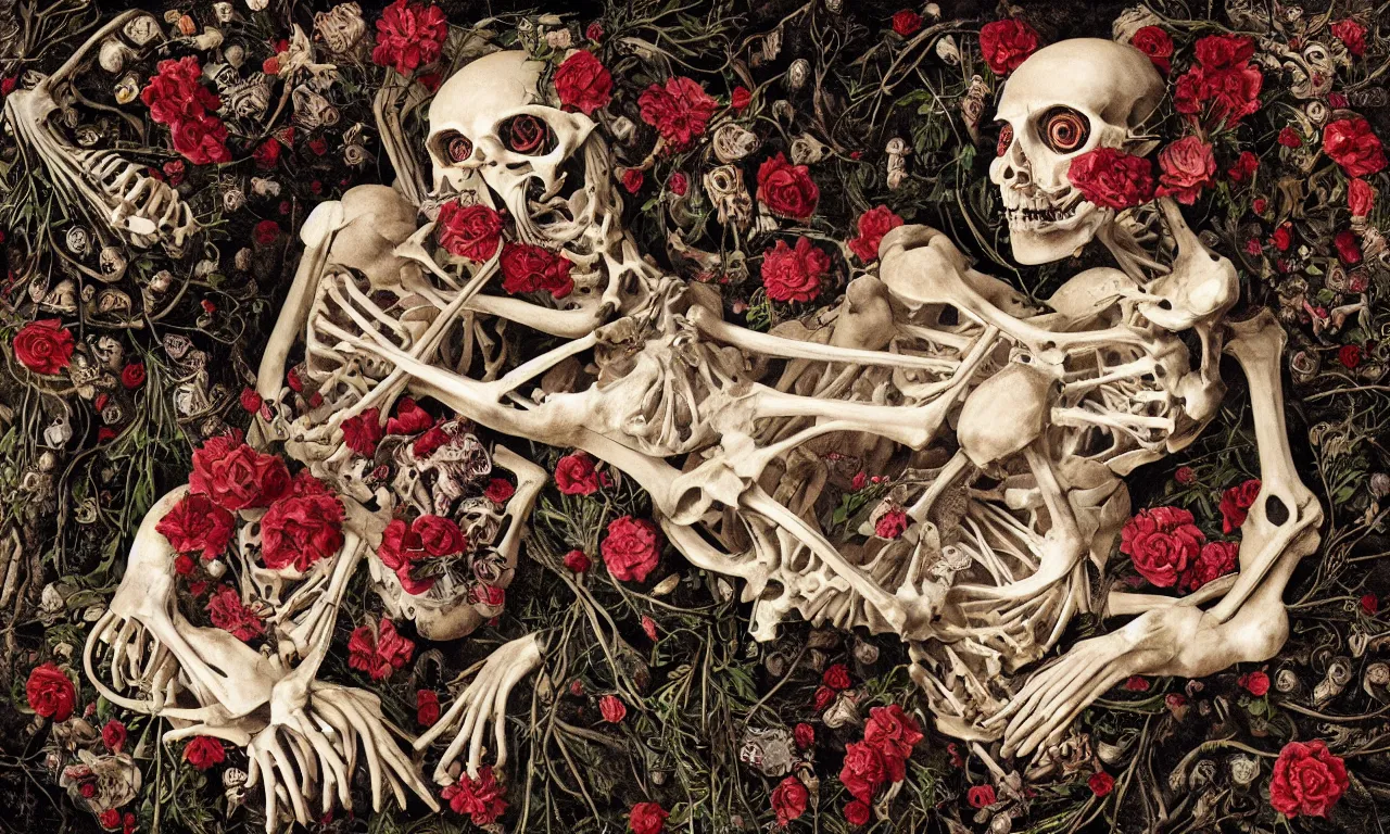 Image similar to anatomical man with large eyes and lips laying in bed of bones of flowers, an existential dread of love, HD Mixed media, highly detailed and intricate, surreal illustration in the style of Caravaggio, baroque dark art