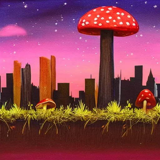 Prompt: mushroom skyline at night