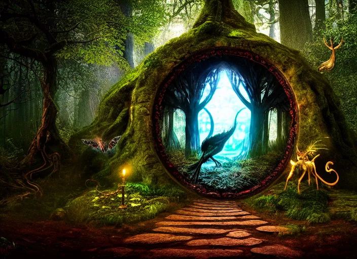 Image similar to photo of a portal to a different kingdom with magical creatures in it, in the forest. Fantasy magic style. Highly detailed 8k. Intricate. Nikon d850 55mm. Award winning photography.