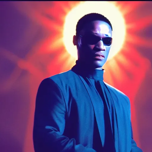 Prompt: morpheus from the matrix, blue red pill, black background, dramatic lighting, cinematic composition