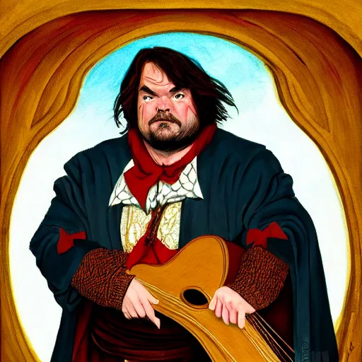 Prompt: D&D character portrait jack black as bard in a tavern playing a song but bad designed by Edwin Austin Abbey painted by john romita jr.