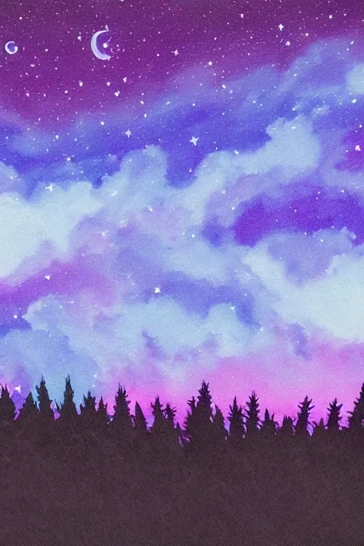 Prompt: matte painting layered night sky. Stars and a swirly starry night moon. pink and purple ombre puffy cotton candy clouds. Dark hills forest silhouette below. Cyril Roland naomi okubo.