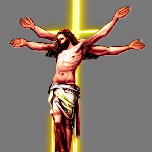 Prompt: Concept art of flaming Jesus on the cross, trending on artstation.