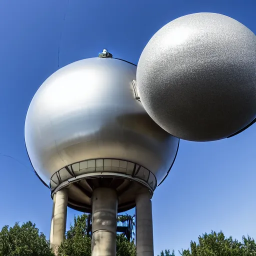 Image similar to a silver water tower. 1 0 feet behind the water tower is a reflective sphere. the sphere is 1 1 5 feet tall. the water tower is 5 0 feet tall. the water tower is 2 0 feet above the ground. the camera light is black. the ground is transparent. below the water tower is a small 6 0 % dim blue light.