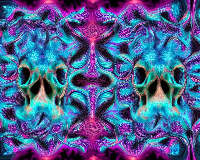 Prompt: skull fractals, digital art, psychedelic skulls