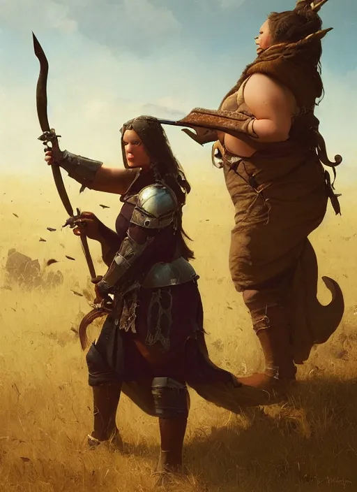 Image similar to hyper realistic photo of medieval chubby beautiful hunter girl, full body, rule of thirds, conceptart, cinematic, greg rutkowski, brom, james gurney, mignola, craig mullins