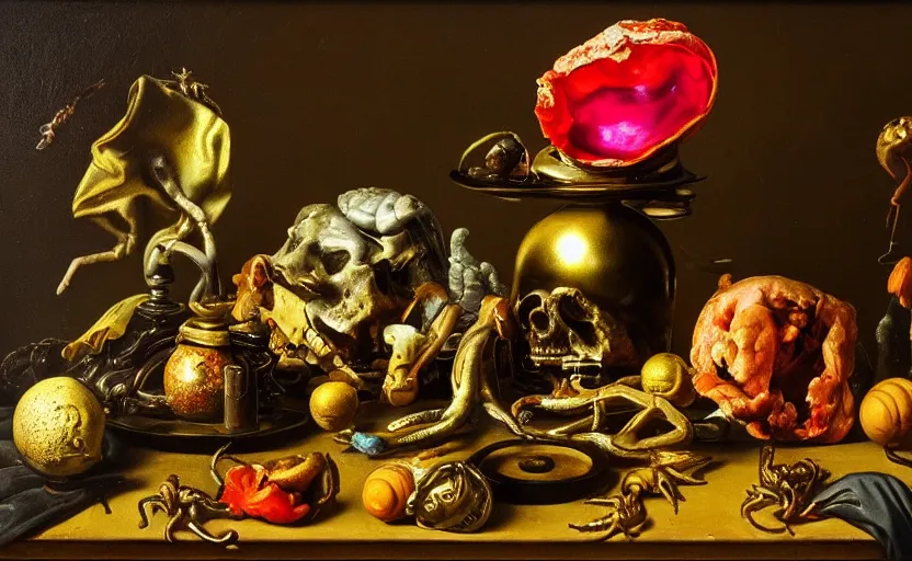 Image similar to disturbing colorful oil painting dutch golden age vanitas still life with bizarre objects strange gooey surfaces shiny metal bizarre insects rachel ruysch dali todd schorr very detailed perfect composition rule of thirds masterpiece canon 5 0 mm, cinematic lighting, photography, retro, film, kodachrome