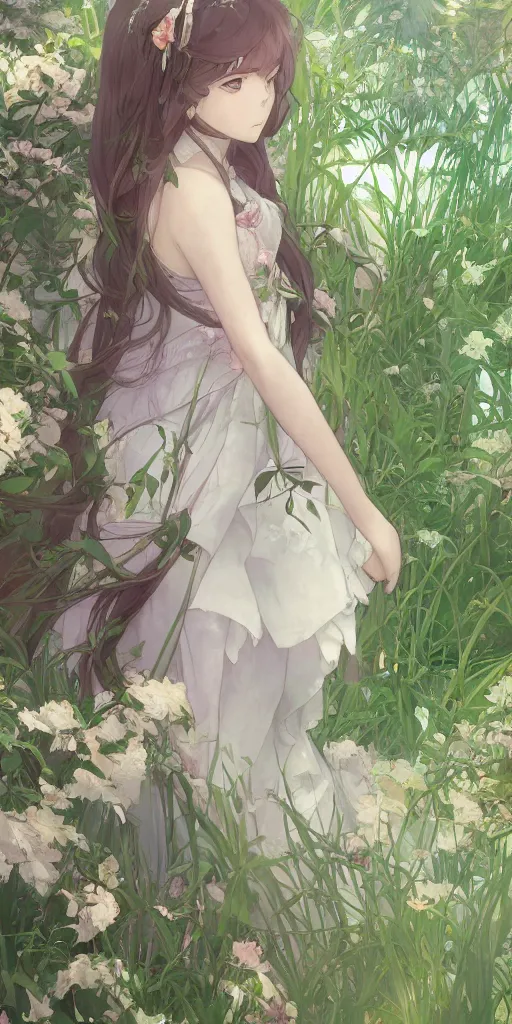 Image similar to a digital art of a loli with long hair in a dress in the privet garden at after noon, green and warm theme, by krenz cushart and mucha and akihito yoshida and greg rutkowski and makoto shinkai, low angle, long shot, back lighting, detailed eyes, 4 k resolution, trending on art station