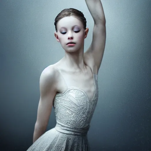 Prompt: portrait of a ballerina with a beautiful porcelain face, rain, cinematic light and reflections, beautiful dreamy lighting, photographed by annie leibovitz, zbrush,