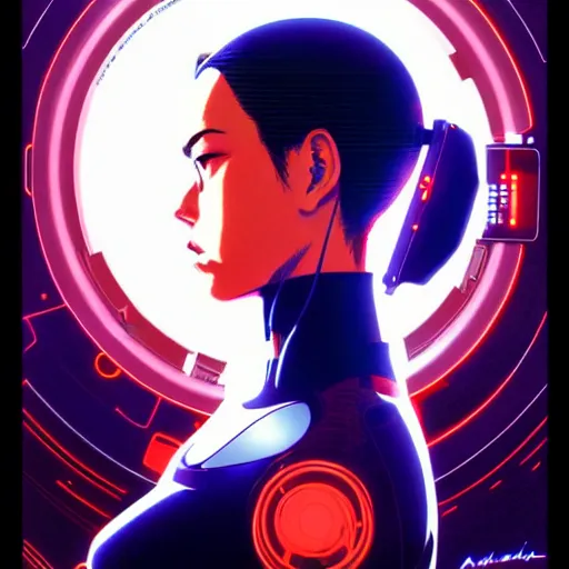 Image similar to side portrait scifi cyborg girl with robotic parts and spacesuit | | head only in center of image, audrey plaza, fine detail!! anime!! realistic shaded lighting!! poster by ilya kuvshinov katsuhiro otomo ghost - in - the - shell, magali villeneuve, artgerm, jeremy lipkin and michael garmash and rob rey