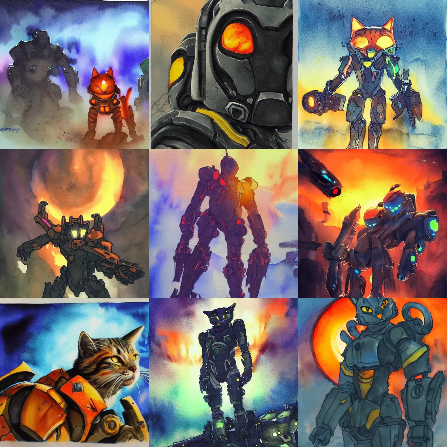 Prompt: cats in mech suits like in Anthem. Watercolor, sunset colors. With Fire Katanas