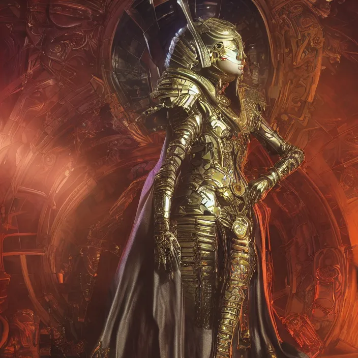 Image similar to mystical evil android queen with obsidian eyes, wearing an elaborate helmet, inside a wax palace, octane render, 8 k, unreal engine, by todd mcfarlane and artgerm and greg rutkowski and alphonse mucha