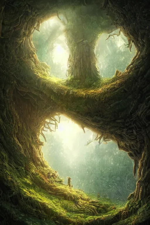Image similar to a miniature city built into the trunk of a single colossal tree in the forest, with tiny people, in the style of andreas rocha, lit windows, close - up, low angle, wide angle, awe - inspiring, highly detailed digital art