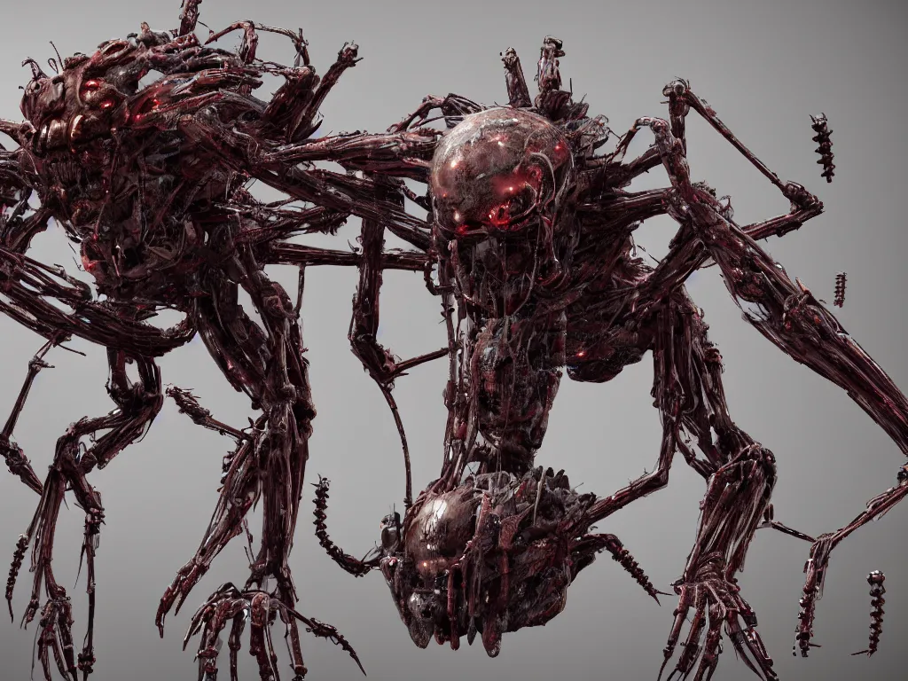 Prompt: Techno-biological iron-meat spider with big artillery cannon in his torso. Consisting of tumors, veins, guts, long spider paws, kidneys, wires, shafts. The head is made of mechanisms and a fanged maw. Bodyhorror, biopunk, extremely high detail, ultra realistic, photorealism, concept art, octane render, view from a distance, 8k, 16k