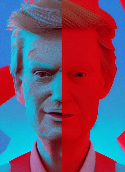 Image similar to a close up of red donald trumps face with blue eyes, an album cover by jacob toorenvliet, featured on behance, cubo - futurism, rendered in cinema 4 d, sketchfab, rendered in maya, red shift, synthwave, by enguerrand quarton, by alesso baldovinetti, 3 d render, holography,