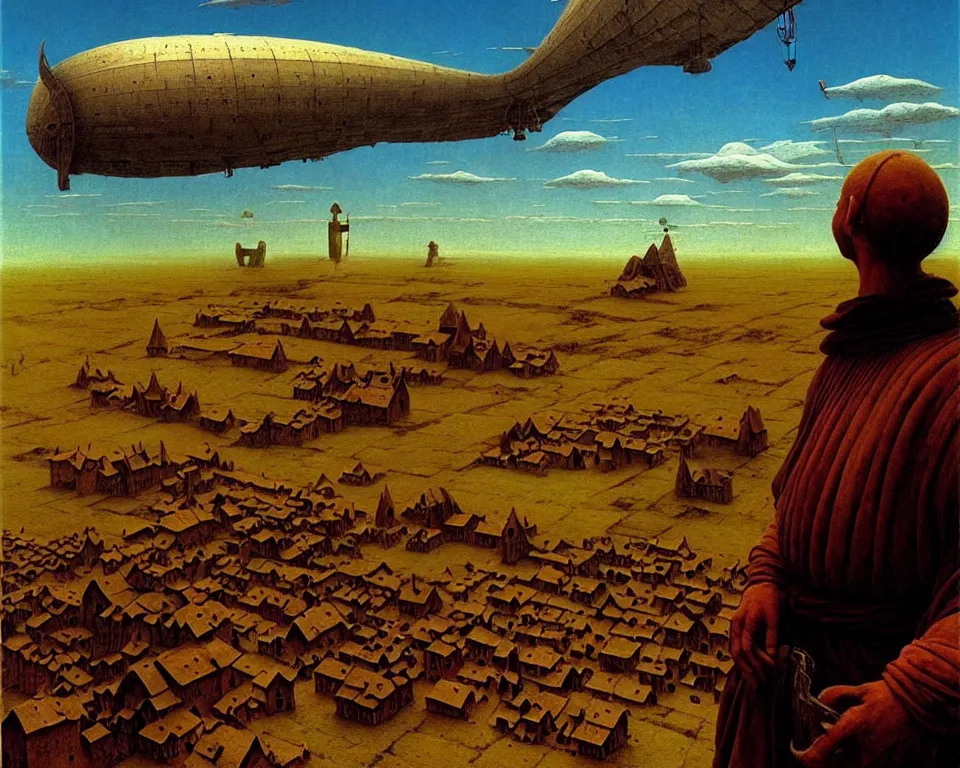 Image similar to Medieval village on the plains, a villager looking up. The sky is completely covered by an incredibly enormous colossal airship-like ship. Extremely high detail, realistic, medieval fantasy art, masterpiece, art by Zdzisław Beksiński, Boris Vallejo