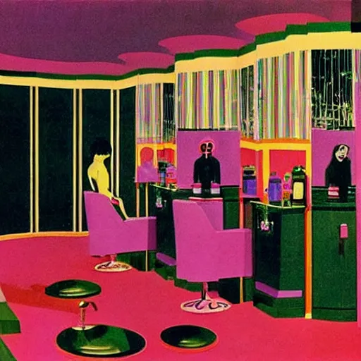 Image similar to The cheerful interior of a beauty parlor, by Karel Thole, trending on pixiv