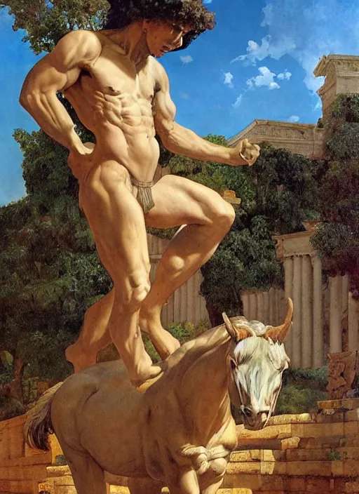 Prompt: full body portrait of a centaur beside greek temple, by boris vallejo and lawrence alma-tadema and simon bisley and greg manchess and zdzislaw beksinski and norman rockwell