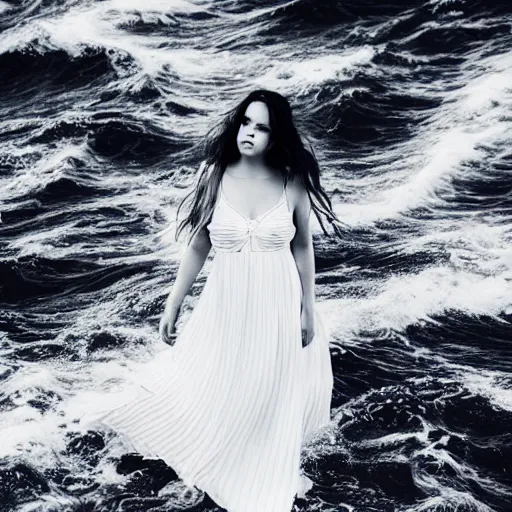 Image similar to A visibly melancholic sad and astonishingly beautiful woman in the middle of the ocean. beautiful face. detailed. gorgeous face features. tumultuous sea. cloudy. long wavy hair. long wavy white dress. black and white. 24mm lens. shutter speed 1/1. iso 150. f/2.8 W-1024