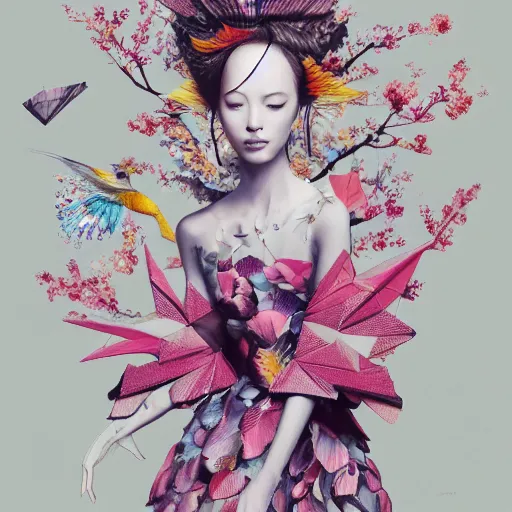 Image similar to 3 / 4 view of a beautiful girl wearing an origami dress, eye - level medium shot, fine floral ornaments in cloth and hair, hummingbirds, elegant, by eiko ishioka, givenchy, nobuyoshi araki, by peter mohrbacher, centered, fresh colors, origami, fashion, detailed illustration, vogue, japanese, reallusion character creator