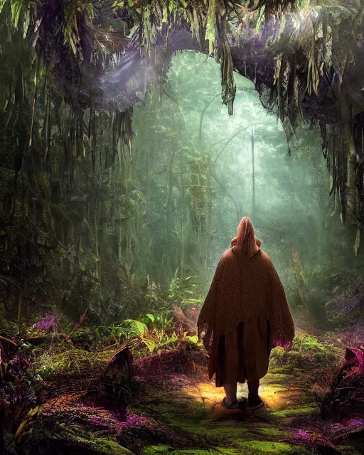 Prompt: a wise wizard walking towards a ravenous, horrific ruin of hades in a densely overgrown, magical jungle, fantasy, dreamlike sunraise, stopped in time, dreamlike light incidence, ultra realistic