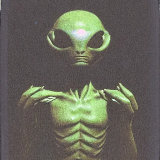 Image similar to Polaroid of a alien to encounter with the lost ones if they were in a dark zone hands up
