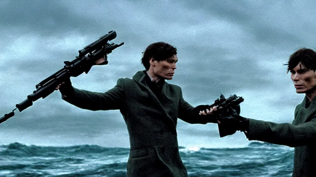 Prompt: photo of Cillian Murphy holding a Thompson, coming out of the ocean, extreme detailed face, spaceship far on the background, film still from the movie directed by Denis Villeneuve with art direction by Zdzisław Beksiński, wide lens