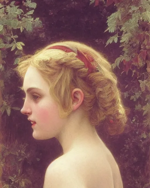 Image similar to annasophia robb with bowl haircut, bouguereau and mucha