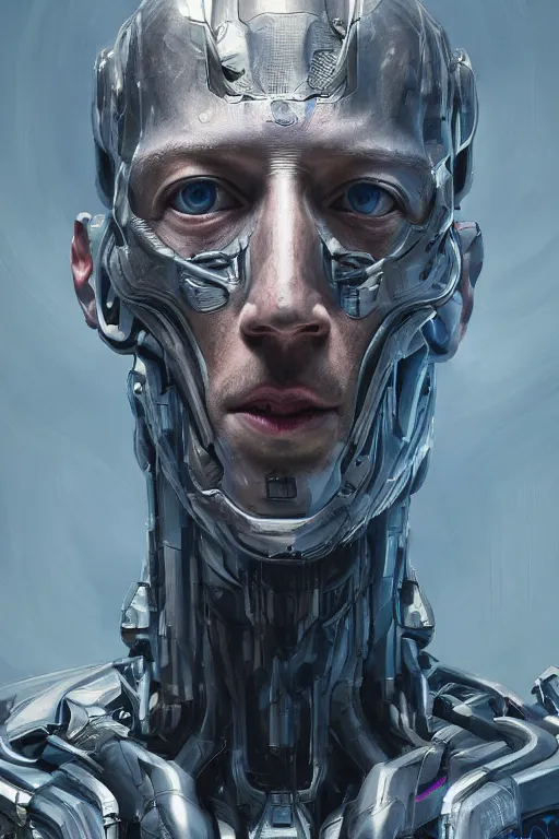 Image similar to Portrait of Mark Zuckerberg as Ultron, marvel comics, dark, intricate, highly detailed, smooth, artstation, digital illustration by Ruan Jia and Mandy Jurgens and Artgerm and Wayne Barlowe and Greg Rutkowski and Zdislav Beksinski