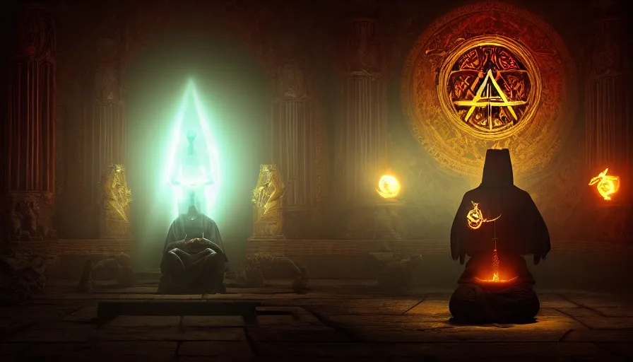 Prompt: ! dream an occult priest performs demonic ritual to summons monsters with magic and a glowing sigil in a fantastic temple, volumetric lighting, magical lighting, raytracing, dynamic lights and shadows, photorealistic render, digital art, wallpaper