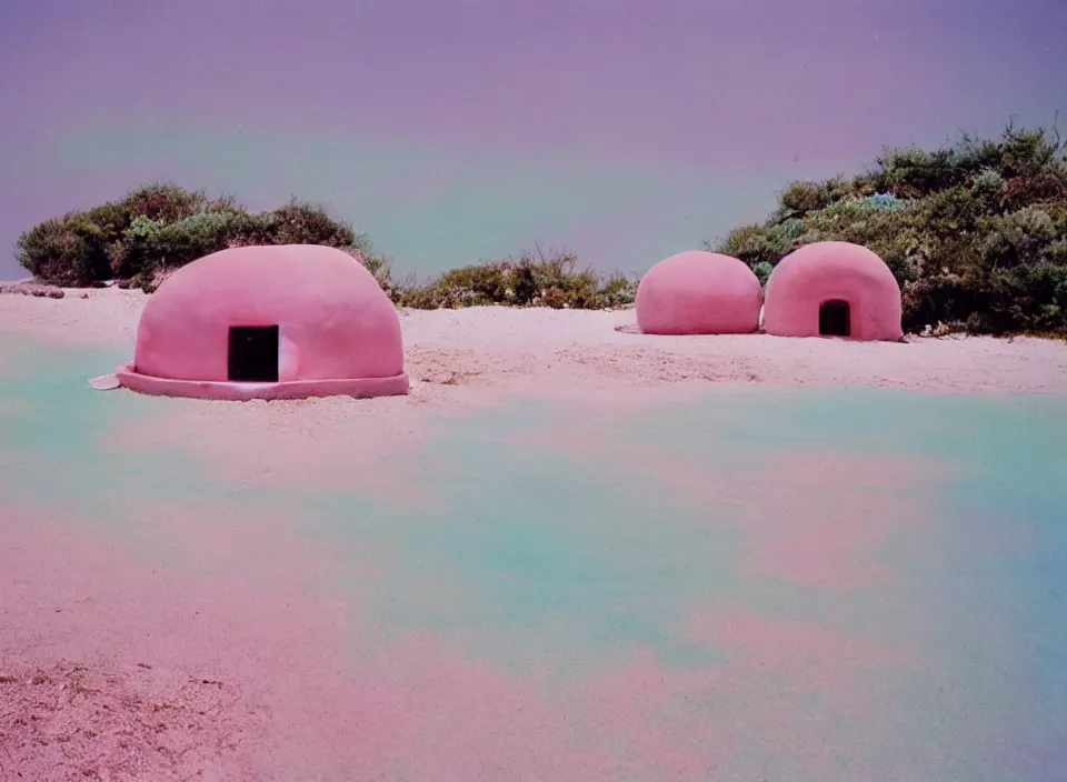 Prompt: a pastel coloured vintage family holiday photo of an empty beach from an alien dreamstate world with chalky pink iridescent!! sand, reflective lavender ocean water, dim bioluminescent plant life and an igloo shaped shiny plastic festival stage and transparent sound system!! glare. refraction, volumetric light.