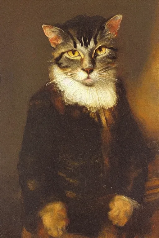 Prompt: An oil painting by Rembrandt of a cat with a suit