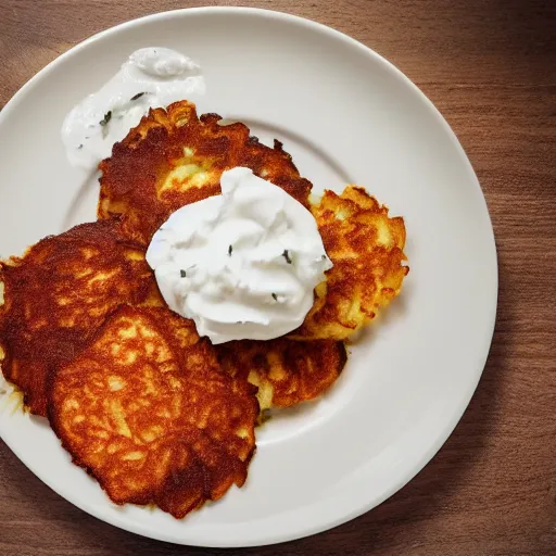 Prompt: A professional photo of a plate with potato pancakes and sour cream in a very expensive restaurant