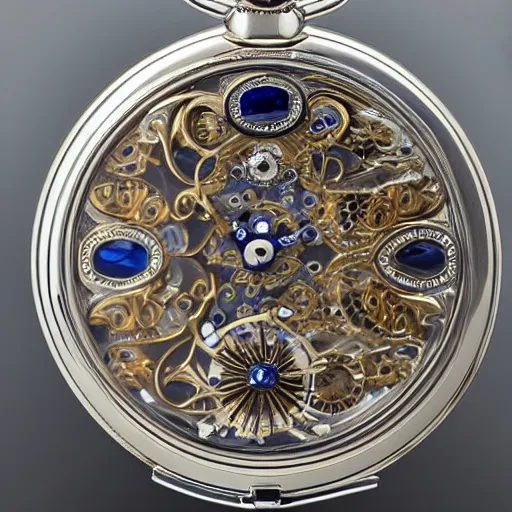 Image similar to close up photo of a sapphire pocket watch, high detail, complex