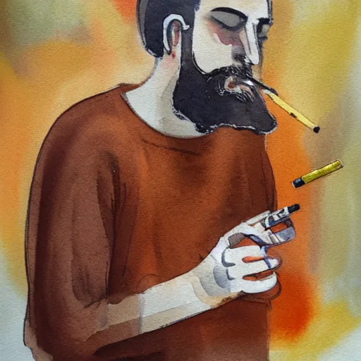 Image similar to Expressionism watercolor portrait of a man with a beard, he is smoking a cigarette, he is wearing a brown sweater