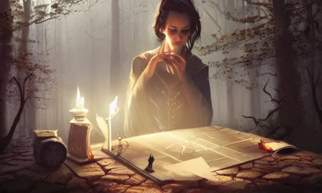 Image similar to witch doing a card trick, cardistry, cards, fantasy, digital art, soft lighting, nature, 8 k, fantasy concept art by greg rutkowski