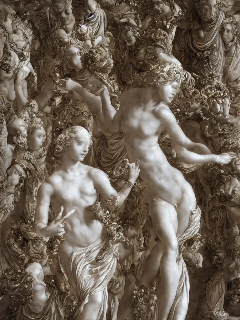 Prompt: marble sculpture depicting a woman programming the samsara holy cluster, hi tech, cybernetic, dramatic lighting, digital photography, stunning, visionary, hyper realistic, beautiful, wow, gilt metal, rich marbles, by gian lorenzo bernini, by jean delville, ultra detailed, sharp
