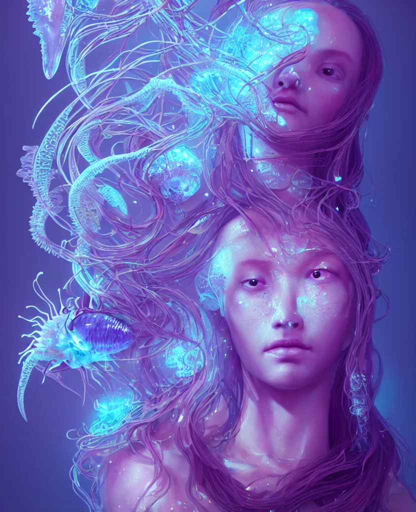 Image similar to goddess close-up portrait. orchid jellyfish phoenix head, nautilus, skull, betta fish, bioluminiscent creatures, intricate artwork by Tooth Wu and wlop and beeple. octane render, trending on artstation, greg rutkowski very coherent symmetrical artwork. cinematic, hyper realism, high detail, octane render, 8k