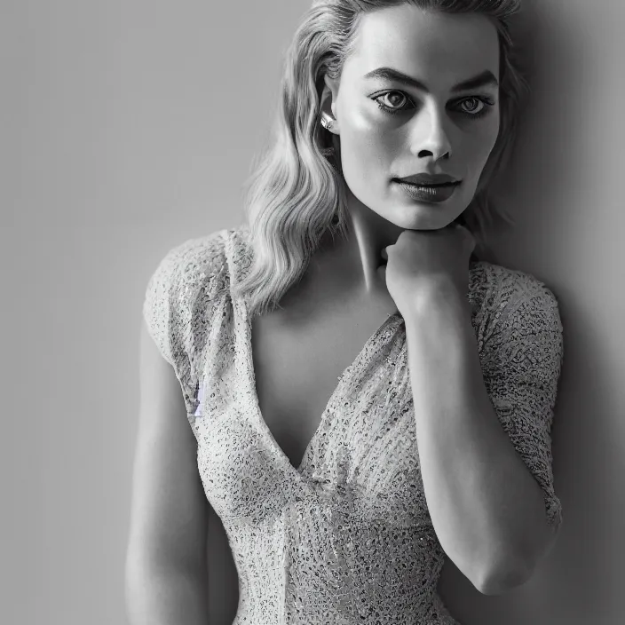 Image similar to portrait of Margot Robbie with larger bust wearing Kebaya, natural light, detailed face, CANON Eos C300, ƒ1.8, 35mm, 8K, medium-format print