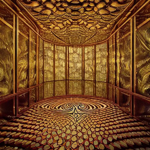 Image similar to an incredibly beautiful world of multifaceted mirrored optical illusions twisted around organic other worldy lifeforms in the style of erik johansson by dr. seuss covered in intricate gold leaf detail in a gothic hotel room with soft indirect lighting, final fantasy, cinematic colors, behance contest winner, unreal engine 5 highly rendered, global illumination, radiant light, detailed and intricate environment