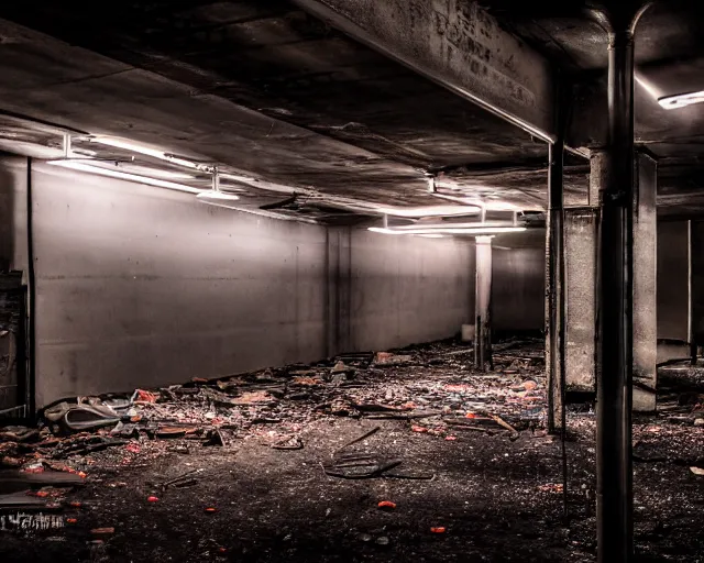 Image similar to An abandoned industial basement lit by a neon sign that says GAK, GAK sign, basement, cinematography by Robby Müller, GAK basement, industrial