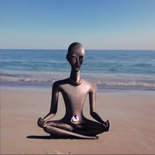 Image similar to “meditating alien on the beach”