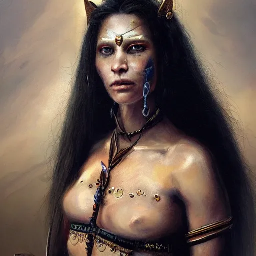 Image similar to the portrait of jenny the vixen ryan as an amazon warrior queen by roberto ferri, fantasy, witcher, very detailed oil painting, masterpiece, 8 k, full face