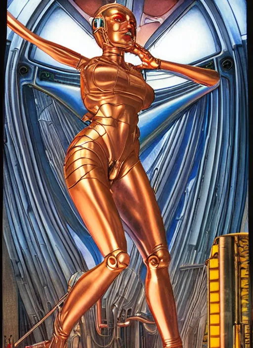 Image similar to Robotic beautiful oracle woman posing in front of a science facility painted by Hajime Sorayama and Alberto Vargas, moebius, giger, mucha , tarot, dramatic lighting