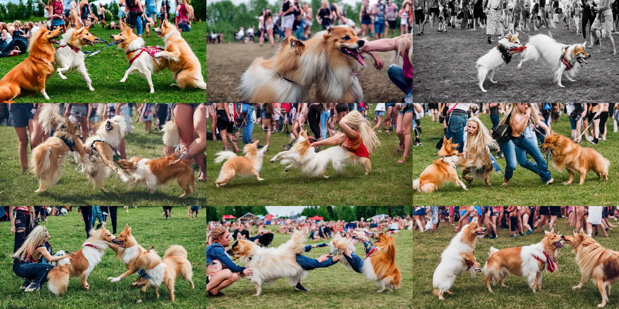 Prompt: two blonde girls fighting over a sheltie dog at a music festival, photograph, bloody, nordic summer, wide lens, ultra detailed