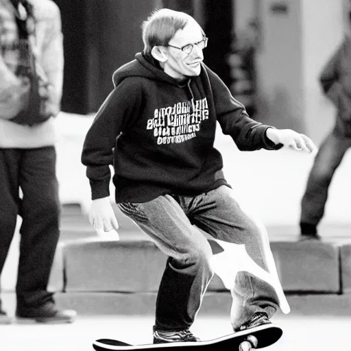 Image similar to Stephen Hawking skateboarding in a hoodie.